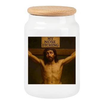 Nose itching on the lower back - Cookie Jar with Wooden Lid - white - Front