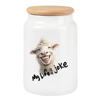 Fröhliches Lamm mit lächeln - my life is a joke - Cookie Jar with Wooden Lid - white - Front