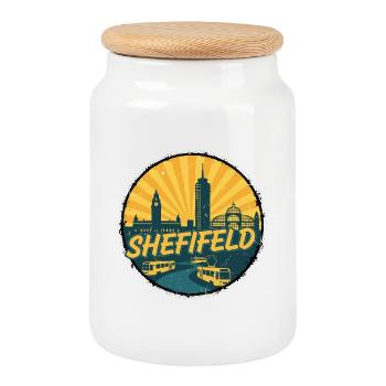 Sheffield City Skyline Vintage Straßenbahnabzeichen - Keksdose mit Holzdeckel - Weiß - Vorne