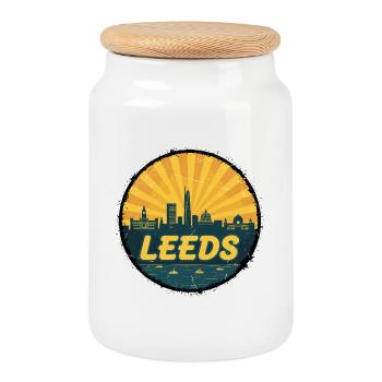 Leeds City Skyline Retro Sunset Badge - Cookie Jar with Wooden Lid - white - Front