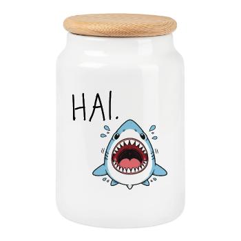 Shark. Funny Announcement Funny Shark Illustration Hi - Cookie Jar with Wooden Lid - white - Front