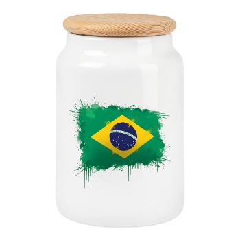 Brazil Flag Art - Brazil Waving Flag Design - Cookie Jar with Wooden Lid - white - Front