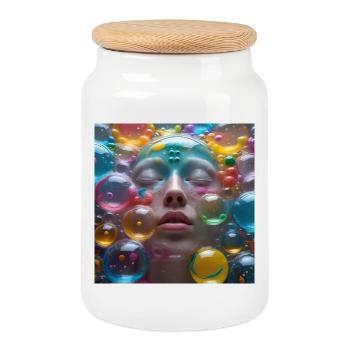 Face among Neon Bubbles - Cookie Jar with Wooden Lid - white - Front