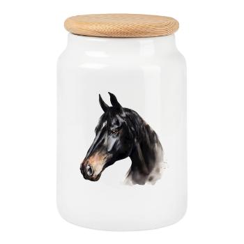 Black Horse Watercolor Portrait - Cookie Jar with Wooden Lid - white - Front