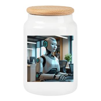 Robot humanoïde dans un bureau bleu - Boîte à biscuits avec couvercle en bois - blanc - Devant