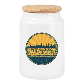 Die Haager Stadtsilhouette Vintage-Abzeichenkunst - Keksdose mit Holzdeckel - Weiß - Vorne