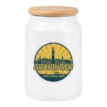 Groningen City Skyline Vintage-Abzeichen - Keksdose mit Holzdeckel - Weiß - Vorne