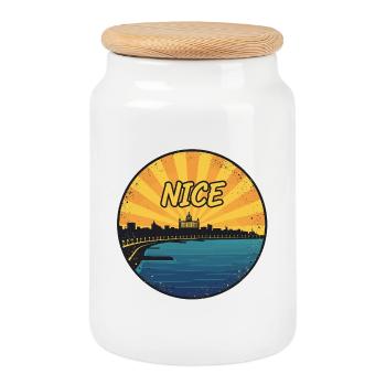 Schöne Stadt-Skyline Côte d'Azur Retro-Abzeichen - Keksdose mit Holzdeckel - Weiß - Vorne