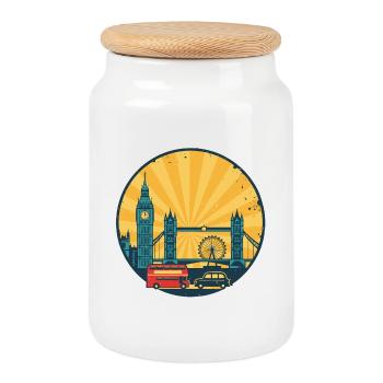 London City Skyline Big Ben Vintage Badge - Cookie Jar with Wooden Lid - white - Front