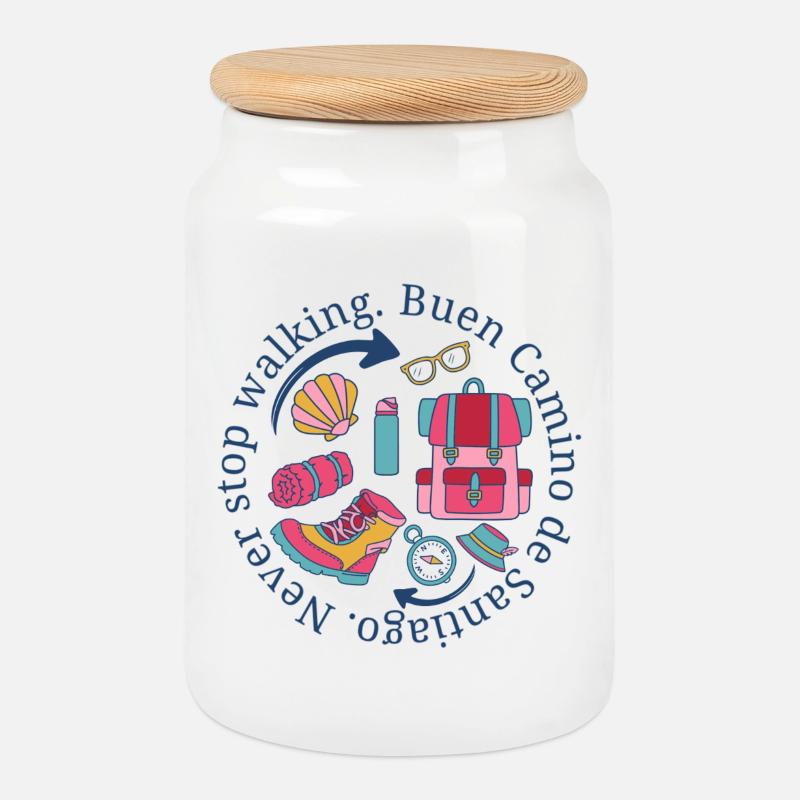 Buen Camino de Santiago Never Stop Walking Emblem - Keksdose mit Holzdeckel - Weiß