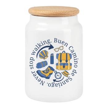 Buen Camino hört nie auf, in Blau und Gelb zu gehen. - Keksdose mit Holzdeckel - Weiß - Vorne