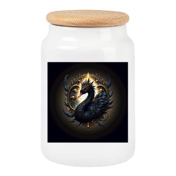 Regal Black Swan with Golden Halo - Cookie Jar with Wooden Lid - white - Front
