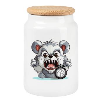 Aggressiver Panda mit Wecker - Keksdose mit Holzdeckel - Weiß - Vorne