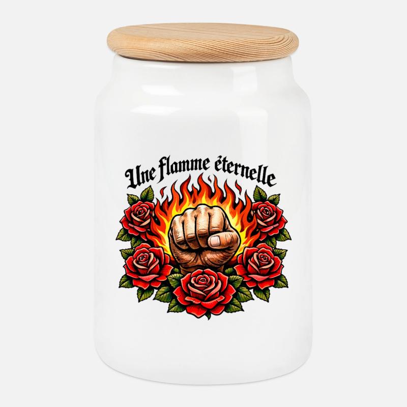 Flammende Faust und Rosen - Keksdose mit Holzdeckel - Weiß