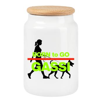 NÉ POUR ALLER GASSI ! CHIEN MAMAN CHIEN AMOUR PATTE AMOUR - Boîte à biscuits avec couvercle en bois - blanc - Devant