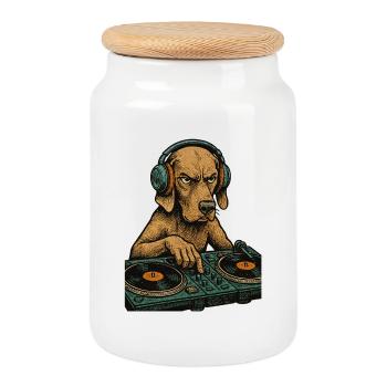 Weimaraner DJ Retro – Chien avec casque Weimarane - Boîte à biscuits avec couvercle en bois - blanc - Devant
