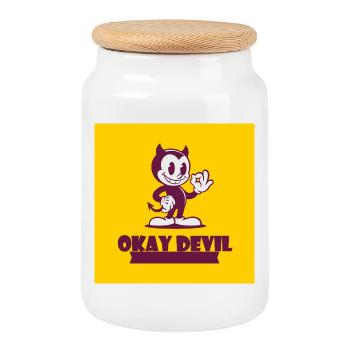 Okay Devil Mascot on Yellow - Cookie Jar with Wooden Lid - white - Front