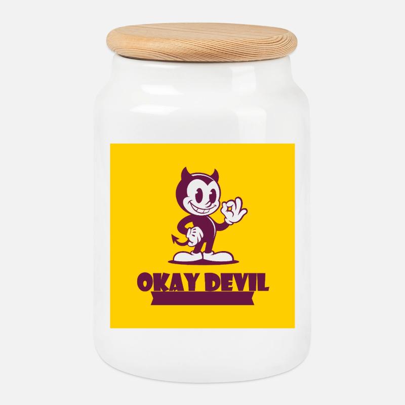 Okay Devil-Maskottchen auf Gelb - Keksdose mit Holzdeckel - Weiß