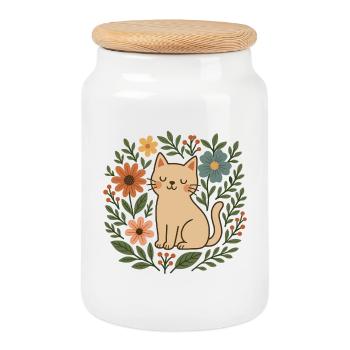 Chat fleuri parmi les fleurs - Boîte à biscuits avec couvercle en bois - blanc - Devant
