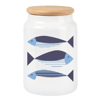 Illustrated Graphic Fish Dark Blue - Cookie Jar with Wooden Lid - white - Front