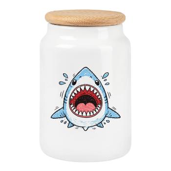 Requin – Style dessin animé avec un personnage vif - Boîte à biscuits avec couvercle en bois - blanc - Devant