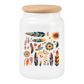 Motif de plumes et fleurs bohèmes - Boîte à biscuits avec couvercle en bois - blanc - Devant