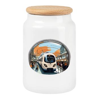 Train at the Orange Wire Station - Cookie Jar with Wooden Lid - white - Front