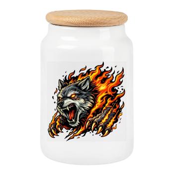 Wolf In Flame Eruption - Cookie Jar with Wooden Lid - white - Front