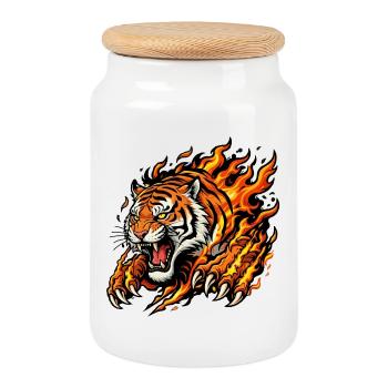Flames Tiger: Burning Hunt - Cookie Jar with Wooden Lid - white - Front
