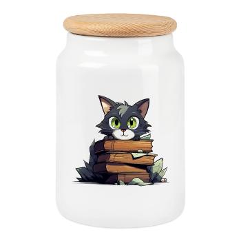 Cat Book Stack - Cookie Jar with Wooden Lid - white - Front
