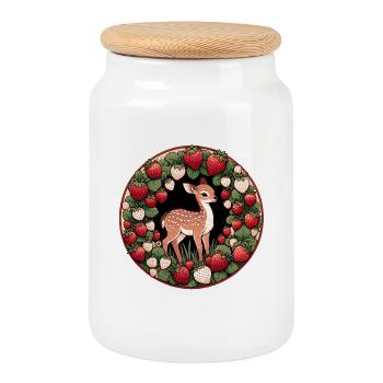 Fawn in Strawberry Wreath - Cookie Jar with Wooden Lid - white - Front