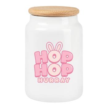 Hop Hop Hourra | Motif de la jolie phrase de lapin - Boîte à biscuits avec couvercle en bois - blanc - Devant
