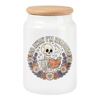 Away I'm Reading Skeleton with Florals - Cookie Jar with Wooden Lid - white - Front