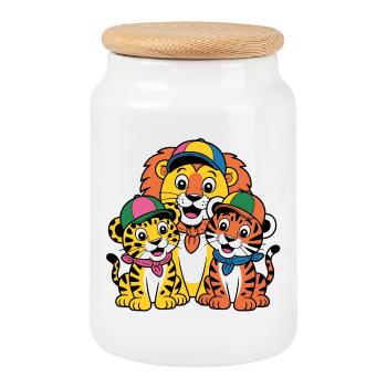 Trio joyeux amoureux des animaux Lion Léopard tigre - Boîte à biscuits avec couvercle en bois - blanc - Devant