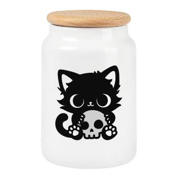 Cute Scary Cat with Skull | Halloween Motif - Cookie Jar with Wooden Lid - white - Front