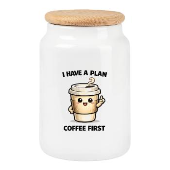 Kaffee zuerst – Mein Plan - Keksdose mit Holzdeckel - Weiß - Vorne