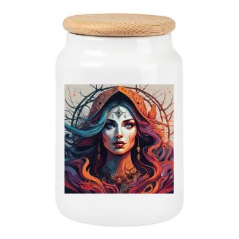 Third Eye magic. Fiery Mystic Portrait - Cookie Jar with Wooden Lid - white - Front