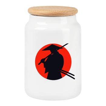 Graduated ninja on red sun background - Cookie Jar with Wooden Lid - white - Front