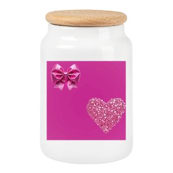 Glitter Heart & Bow Pink Romance - Cookie Jar with Wooden Lid - white - Front