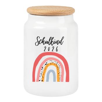 Schulkind 2026 Regenbogen Geschenk zur Einschulung - Keksdose mit Holzdeckel - Weiß - Vorne
