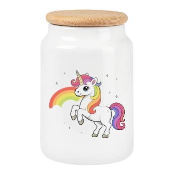 Unicorn and Rainbow - Magical Unicorn Design - Cookie Jar with Wooden Lid - white - Front
