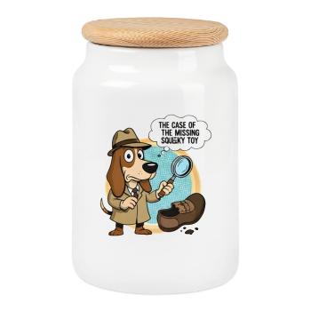 Detective Dog and Missing Toy - Cookie Jar with Wooden Lid - white - Front