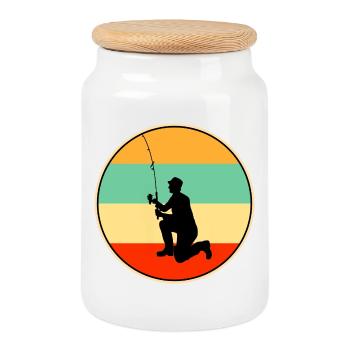 Papa Fisherman Retro Vintage Fishing Dad - Cookie Jar with Wooden Lid - white - Front