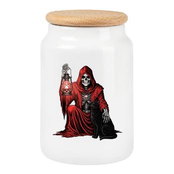 Capuche Rouge Faucheuse Lanterne Chat Lanterne - Boîte à biscuits avec couvercle en bois - blanc - Devant