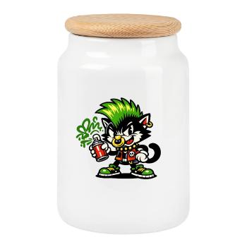 Punk-Katz Graffiti Sprayer - Keksdose mit Holzdeckel - Weiß - Vorne