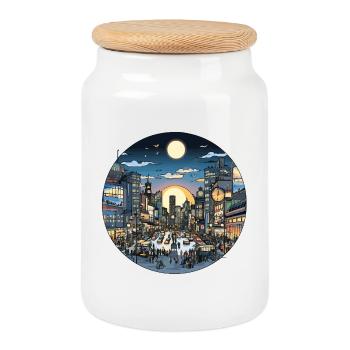 Circulation légère en soirée en ville - Boîte à biscuits avec couvercle en bois - blanc - Devant