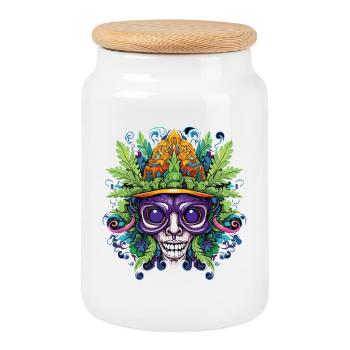 Psychedelischer Schädel mit Blattkrone - Keksdose mit Holzdeckel - Weiß - Vorne