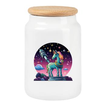 Licorne étoile avec télescope - Boîte à biscuits avec couvercle en bois - blanc - Devant
