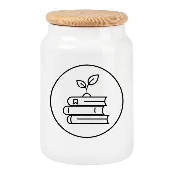 Minimalist Book Stack with Plant Cozy Reading - Cookie Jar with Wooden Lid - white - Front