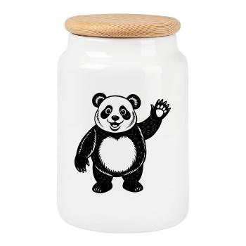 Panda waving hello - Cookie Jar with Wooden Lid - white - Front